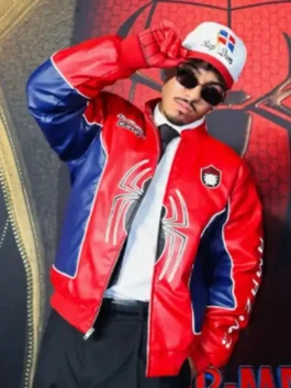 Red and blue real leather Cristian Andres SpiderMan Jacket showcasing full length sleeves with rib knitted cuffs.