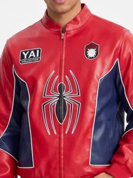 Red and blue real leather Cristian Andres SpiderMan Jacket highlighting four functional storage pockets.