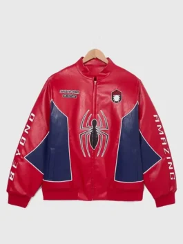 Front view of the red and blue real leather Cristian Andres SpiderMan Jacket detailing the erect collar and front zipper.