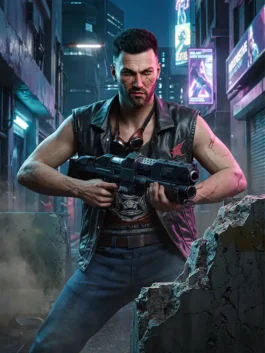 Front view of the black Cyberpunk 2077 Nomad Leather Tactical Vest putting the full Nomad inspired Cyberpunk 2077 design on bold display