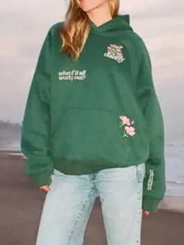 Close-up of the green fleece Dandy What If Oversized Lux Hoodie detailing the hooded collar and rib knitted cuffs.