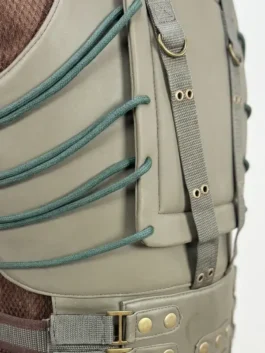 Close-up view of the Dark Knight Rises Bane Vest showing the detailed zipper, buckles, and vegan leather grain.