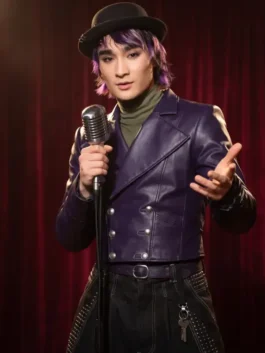 Bold purple real leather Descendants Brendon Tremblay Jacket featuring a wide lapel collar and button closure.