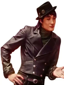 Front view of the purple real leather Descendants Brendon Tremblay Jacket highlighting full length sleeves and rich leather finish.