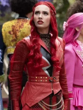 Close-up front view of the red real leather Descendants Kylie Cantrall Red Jacket highlighting the lapel collar and zip detailing.