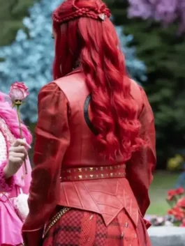Back profile view of the red real leather Descendants Kylie Cantrall Red Jacket showing crisp paneling and fine stitching.