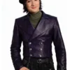 Close-up front view of the purple Descendants Brendon Tremblay Jacket detailing the wide lapel collar and fine stitching.