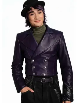 Close-up front view of the purple Descendants Brendon Tremblay Jacket detailing the wide lapel collar and fine stitching.