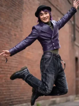 Full profile view of the purple real leather Descendants Brendon Tremblay Jacket displaying its wide lapels and tailored fit.