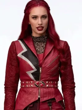 Full front profile view of the red real leather Descendants Kylie Cantrall Red Jacket displaying its tailored fit and full sleeves.