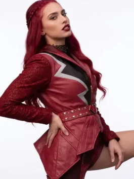 Bold red real leather Descendants Kylie Cantrall Red Jacket featuring a sharp lapel collar and sleek zipper front.