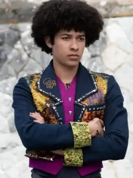 Front view of the multicolor Descendants Zavien Garrett Jacket showcasing the open style front and lapel collar.