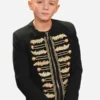 Full front profile of the black embroidered wool A Knight of the Seven Kingdoms Dexter Sol Ansell Jacket highlighting full length sleeves.