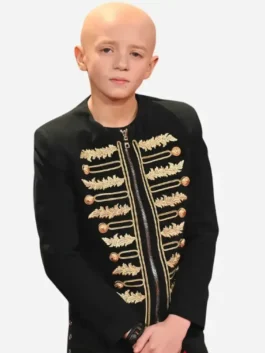 Full front profile of the black embroidered wool A Knight of the Seven Kingdoms Dexter Sol Ansell Jacket highlighting full length sleeves.