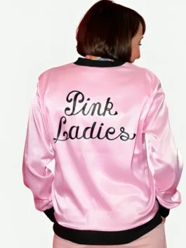 Pink satin Grease The Immersive Movie Musical Didi Conn Jacket featuring a rib knitted collar and front zipper closure.