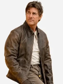 Front view of the brown real leather Digger 2026 Tom Cruise Leather Jacket highlighting full length sleeves and zip front.