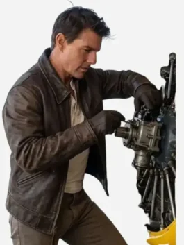 Close-up front profile of the brown Digger 2026 Tom Cruise Leather Jacket detailing the shirt collar and fine stitching.