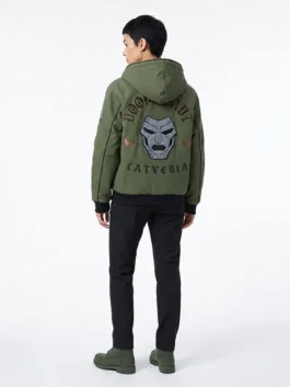 Front view of the green fleece Marvel Doctor Doom Green Hooded Jacket showcasing full length sleeves and clean jacket panels.