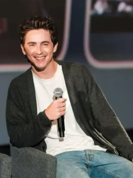 Grey wool Timothée Chalamet Dune 2026 Cardigan featuring a modern collarless style and clean button closure.