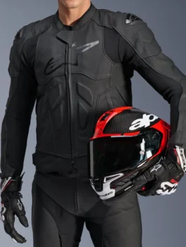 Close-up of Dusk Racing Leather Jacket highlighting premium leather texture, stitching, and racing inspired details