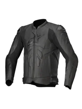 Front view of Dusk Racing Leather Jacket featuring premium leather, racing styling, and a structured biker silhouette