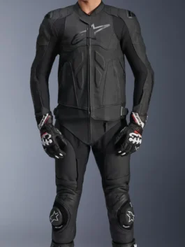 Front view of Dusk Racing Leather Jacket showcasing premium leather construction and racing inspired detailing