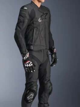 Side view of Dusk Racing Leather Jacket featuring premium leather construction, racing details, and a streamlined biker fit
