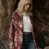 Front view of the multicolor wool Dutton Ranch Kelly Reilly Roses Duster Jacket showcasing full length sleeves and a long line silhouette.