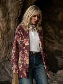 Front view of the multicolor wool Dutton Ranch Kelly Reilly Roses Duster Jacket showcasing full length sleeves and a long line silhouette.