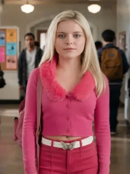 Pink Elle Lexi Minetree Fur Collar Cardigan as worn by Lexi Minetree in the 2026 Elle TV series bringing bold and feminine style to the screen