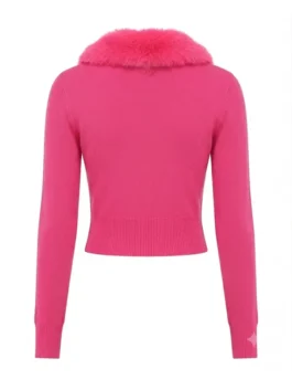 Back view of the pink Elle Lexi Minetree Fur Collar Cardigan revealing the full design of this iconic Lexi Minetree Elle 2026 TV series piece