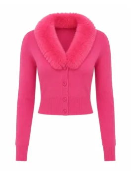 Front view of the pink Elle Lexi Minetree Fur Collar Cardigan putting the full Lexi Minetree Elle 2026 fur collar design on bold display