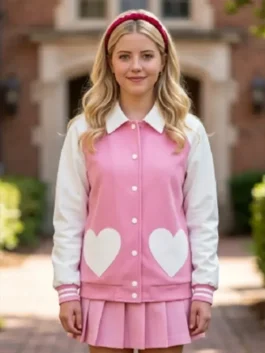 Elle Lexi Minetree Hearts Pocket Pink Varsity Jacket front view featuring premium varsity styling, heart pocket detailing, and soft pink fashion