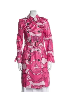 Lexi Minetree Pink Graphic Coat front view featuring premium tailoring, colorful graphic design, and stylish long coat appeal