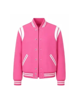 Lexi Minetree Pink Wool Teddy Bomber Jacket front view featuring premium wool fabric, plush teddy finish, and contemporary bomber styling