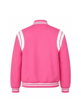 Lexi Minetree Pink Wool Teddy Bomber Jacket back view displaying plush wool texture, premium craftsmanship, and stylish bomber fashion