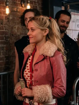 Women's Elle Woods Shearling Red Leather Jacket highlighting the structural fit and plush trimming.