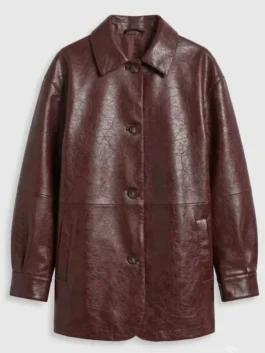 Burgundy real leather Ransom Canyon Ellie Estevez Burgundy Jacket featuring a shirt style collar and front button closure.