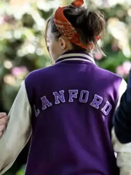 Back view of the Ellie de Lange Run Away Varsity Jacket showing the clean structure and two-tone color contrast.