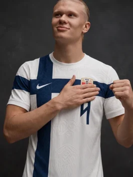 White and blue Erling Haaland Knotwork Football Jersey celebrating Erling Haaland's Norwegian roots through bold Viking inspired knotwork design