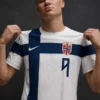 Front view of the white and blue Erling Haaland Knotwork Football Jersey putting the full Viking Norse knotwork design on bold display