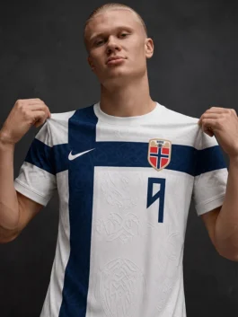 Front view of the white and blue Erling Haaland Knotwork Football Jersey putting the full Viking Norse knotwork design on bold display