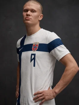 White and blue Erling Haaland Knotwork Football Jersey honoring the Norwegian football legacy of Erling Haaland through bold Norse inspired design