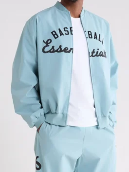 Closure view of Essentials MLB Full Zip Bomber Jacket showing the full zipper, stitching, and front construction