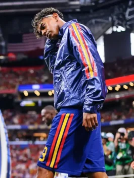 Royal blue parachute World Cup 2026 Spain Pre Match Jacket featuring a sleek stand up collar and front zipper closure.