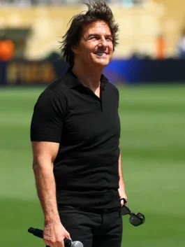 Close-up view of the FIFA World Cup 2026 Closing Ceremony Tom Cruise T-Shirt showing the minimal tailored neckline.