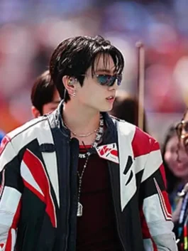 Front profile of the multicolor World Cup 2026 Halftime Show BTS Jacket showing the zipper closure.