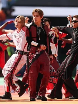 Multicolor PU leather World Cup Halftime Show BTS V Jacket featuring a modern erect collar and front zipper.