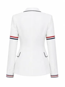 Close-up front view of the white World Cup Jennifer Hudson Thom Browne Blazer showcasing premium texture and button design.