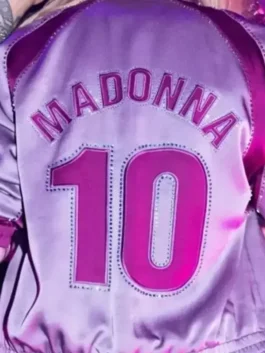Back view of the light purple satin FIFA World Cup Final Madonna Jacket showcasing the clean back paneling and soft satin drape.